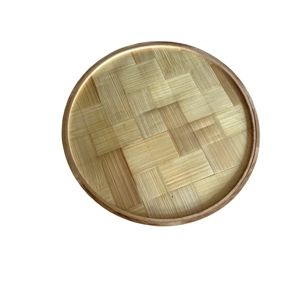 Decorative Round Bamboo & Glass Tray With Floral Design